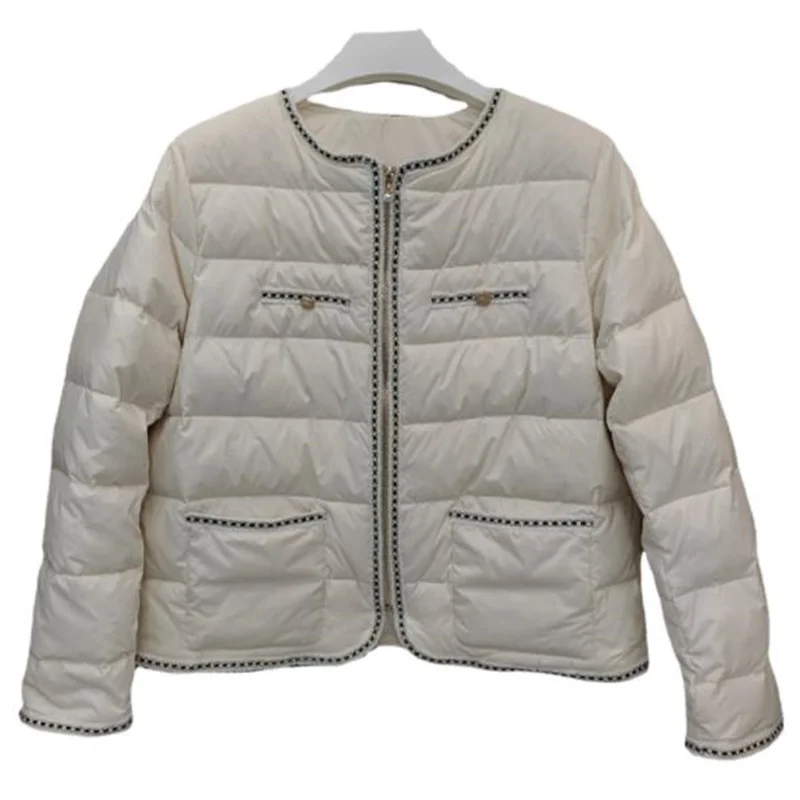 New short down women\'s fashion round neck zipper white duck down jacket