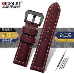 Men's Genuine Leather Watchband - Frosted Cowhide Strap in Various Sizes - 22mm (B red - black)