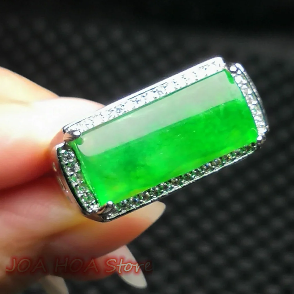 Natural Burman High-ice Full Green Jadeite 925 Silver Inlaid Saddle Ring Men's Emerald Handring High Quality Jewelry