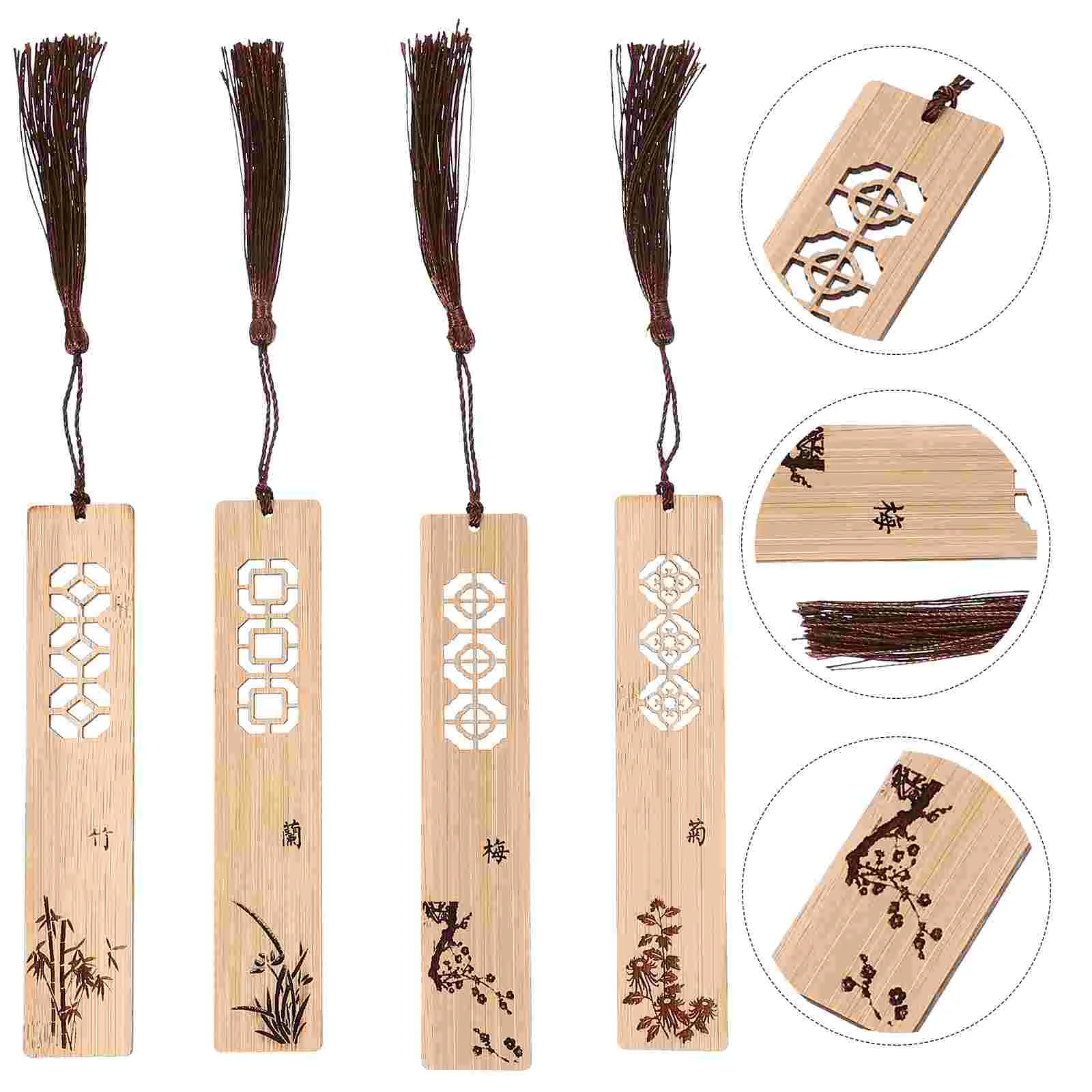 

4 Pcs Plum Blossoms Orchids Bamboo and Chrysanthemum Bookmark Bookmarks Wooden Label Cute Tags Carved Girl Child Hanging