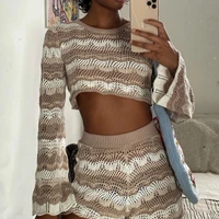 Beach Holiday Bohemian Knitted Two Piece Set Pajamas Women Long Sleeve Hollow Out Crop Top Pullovers + Slim Fit Short Ouftits