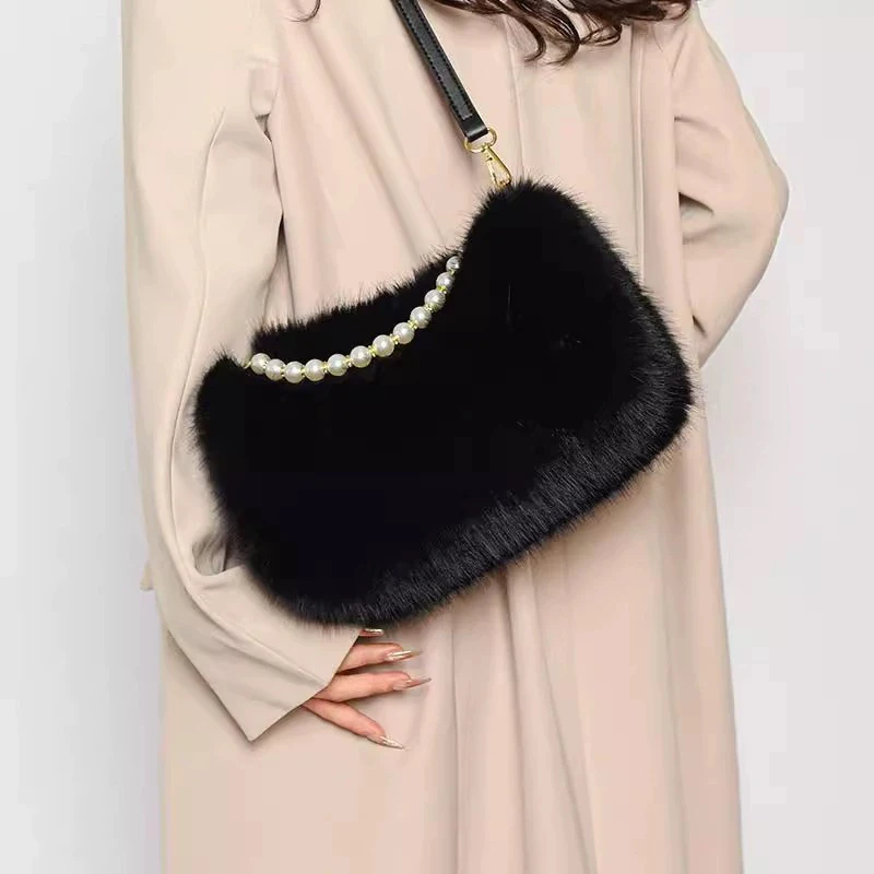 Winter Fashion Women's Faux Fur Shoulder Bags Candy Color Pearl Handle Ladies Crossbody Bag Small Fluffy Female Handbags Purses