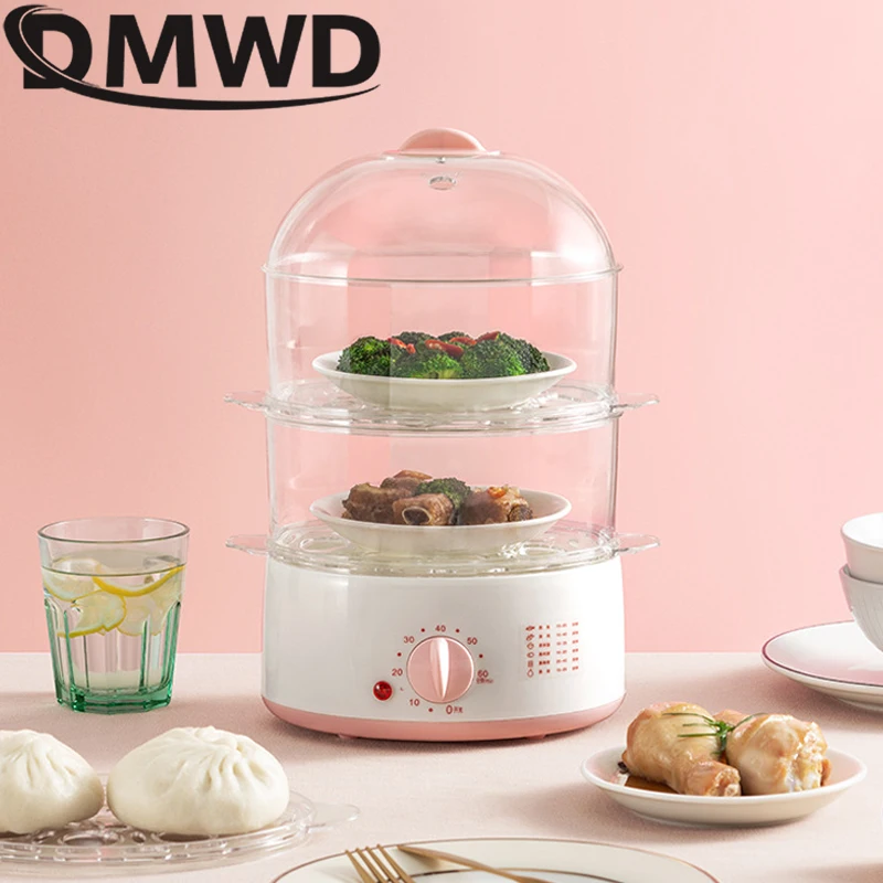 DMWD Household Electric Food Steamer 2L Mini Egg Boiler With Timer Knob Auto Shut-off Food Warmer 2/3 Layers Cooking Tools 2