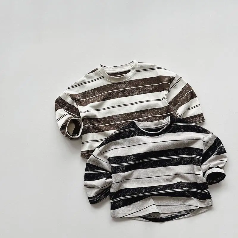 

Spring New Children Long Sleeve T Shirts Baby Boys Casual Tees Girls Vintage Striped Pullover Kids Versatile Bottoming Tops