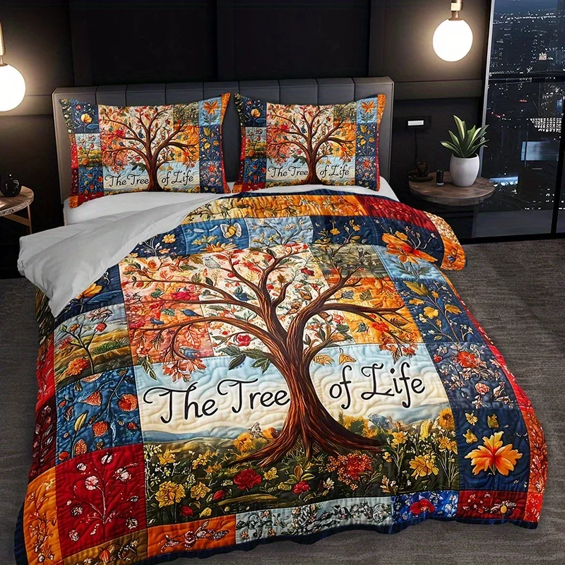 Life Tree Country Style Quilted Duvet Cover Set 2/3pcs HD Print All-Season Comforter with 1 Duvet Cover + 1/2 Pillowcases