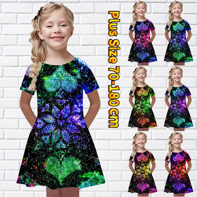 

2022 New Summer Vintage Print Dress Girls Knee-length Skirt Fashionable Midi Skirt Little Girls Round Neck Short Sleeve Dress