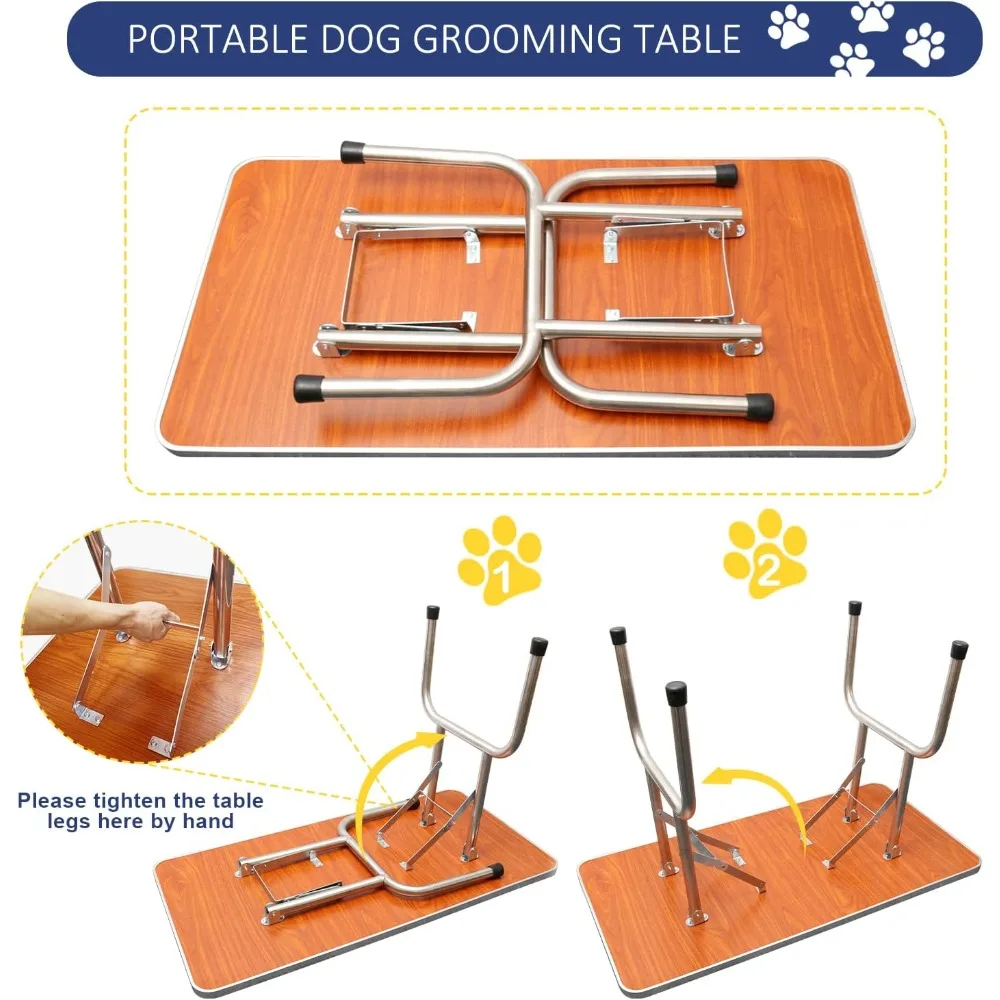 Folding 46-inch Pet Grooming Table with Adjustable Height Arm, Noose, and Mesh Tray for Home Bathing Station