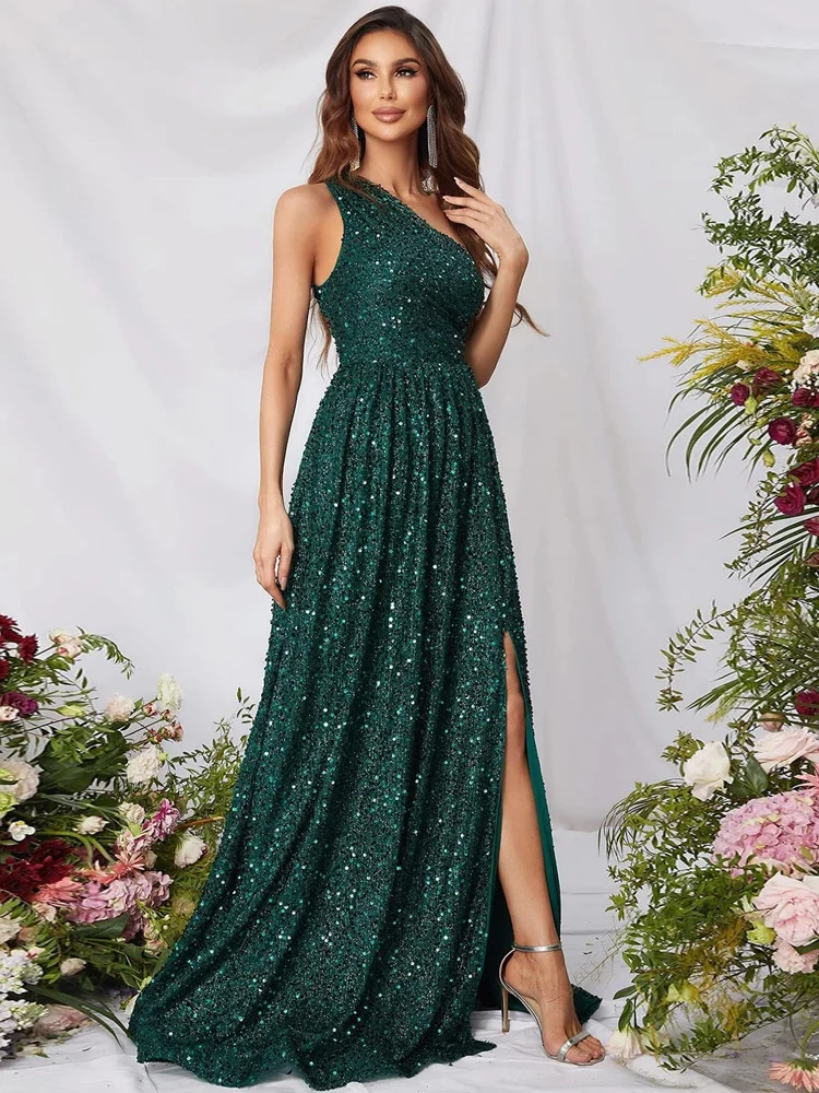 

Sparkly One Shoulder Sequin Prom Dresses for Women Side Slit A Line Long Formal Evening Cocktail Gowns for Teens