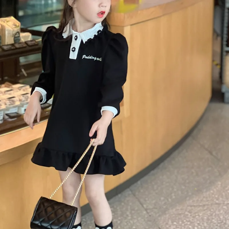 

Autumn Winter Fashion Polo Neck Long sleeved Solid Color Mother Kids Children's Clothing Western Versatile Loose Girls Dresses