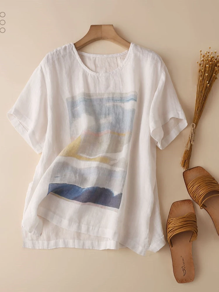 

T-shirts for Women Cotton Linen Casual O-Neck Women's T-shirts Summer 2023 Vintage Printed Graphic T Shirts Women's Blouses