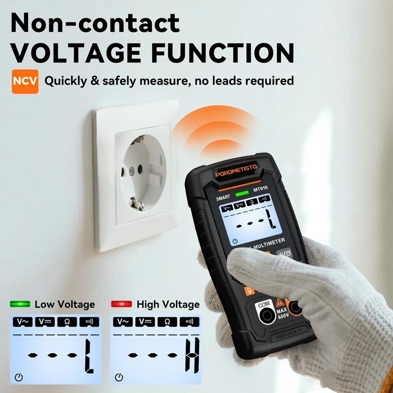 POROMETISTO MT01S 디지털 멀티미터 4000 카운트 자동 범위 멀티테스터 0.8-600V AC/DC 전압 옴 NCV 연속성 테스트 도구
