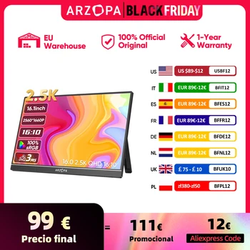 ARZOPA 16inch 2K Portable Monitor 16:10 IPS Screen with type-c mini hdmi Second Display for MAC/Laptop/PC/Xbox/PS4/5/Switch,Z1RC