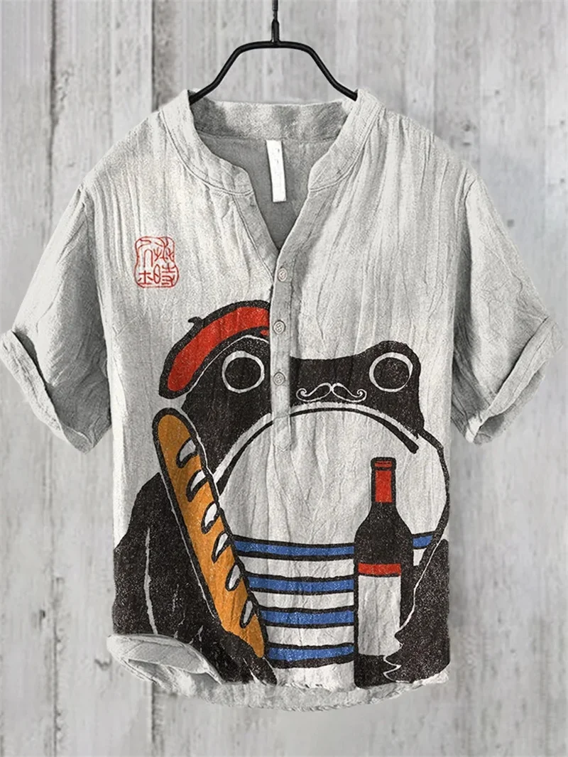 Summer Fashion Men's Small V-neck Japanese Art Frog Print Standing Neck Shirt Men's Leisure Art Short sleeved Shirt