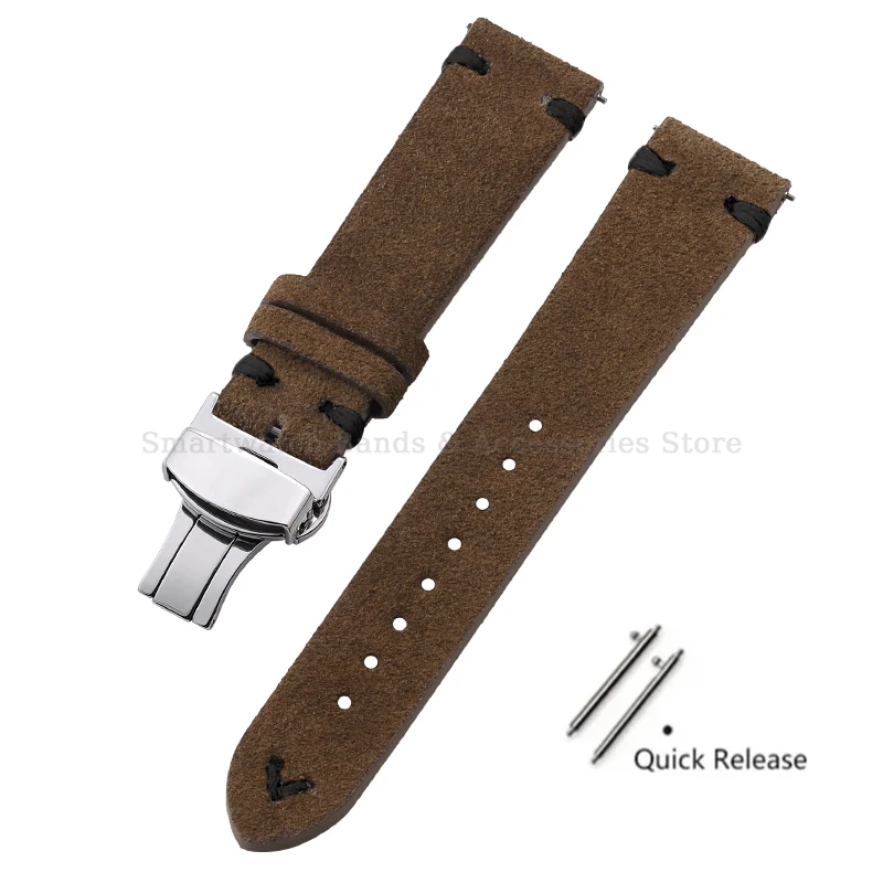 Vintage Handmade Suede Stitch Leather Watch Strap with Quick Release and Folding Clasp