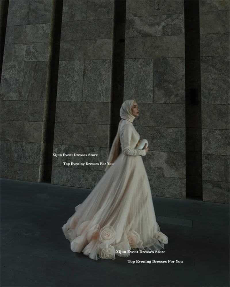 Women prom dresses Xijun Modest Ivory Long Evening Dresses 3D Flowers A-Line Muslim Wedding Dresses Dubai Formal Occasion Prom Gown Customized