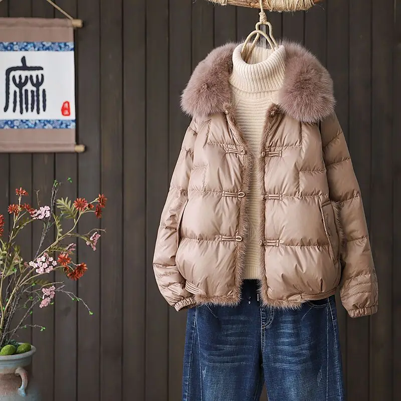 

Woman Thick Warm Down Jacket for Female Autumn New Fashion Casual Long Sleeve White Coats Vintage Faux Fur Collar Coat G714