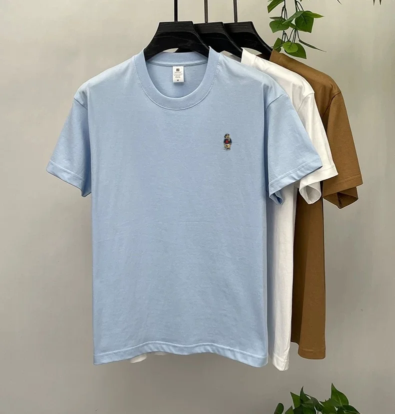 High-end pure cotton short-sleeved men's T-shirt, luxury brand printed cartoon bear, Korean style casual crew neck top for young