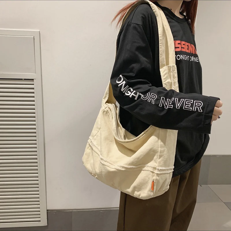 100% Cotton Female Male Teenager Casual Roomy School Book Hobo Handbag Student Fashion Woman Everyday Shoulder Crossbody Bag