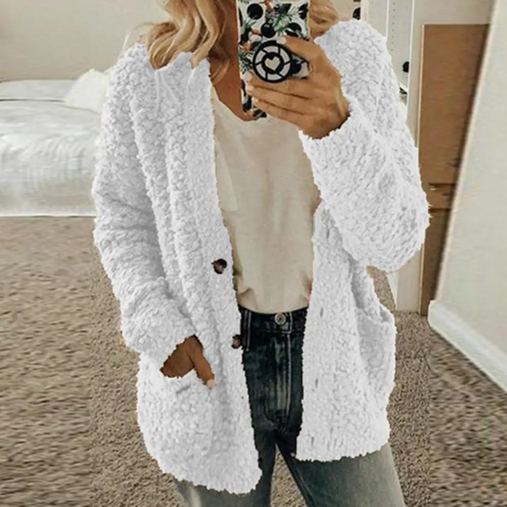 Winter Ladies Thicken Plush Coat Single-breasted Soft Fashion Ladies  Cardigan Sweaters Buttons Hoodies Outwear