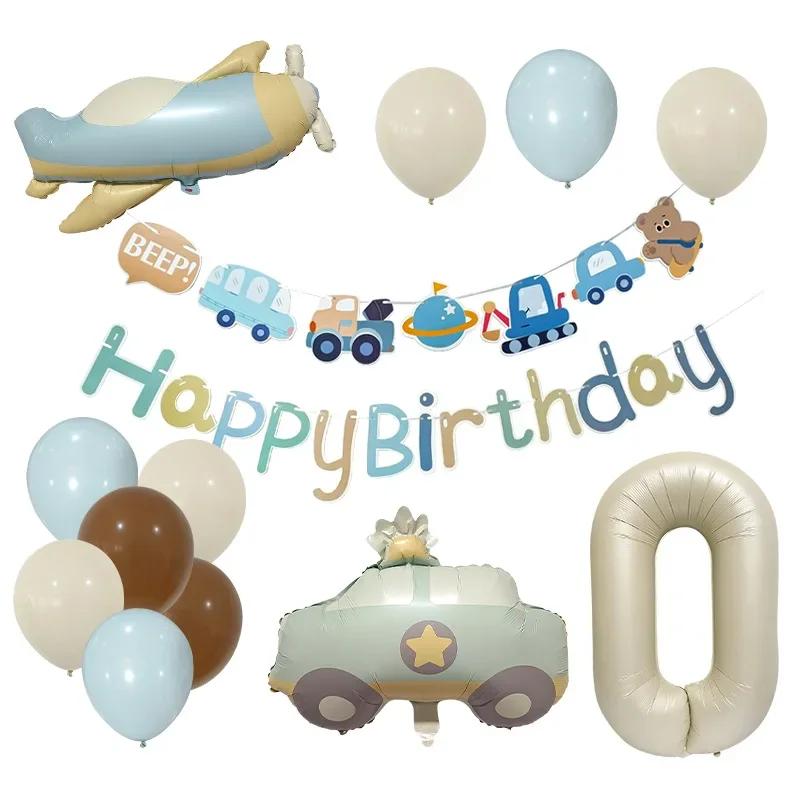 16pcs Cream Number Car Airplane Foil Balloons 1st Birthday Party Decor Kids Girl Boy Baby 1 2 3 4 5 6 7 8 9 Year Old Supplies