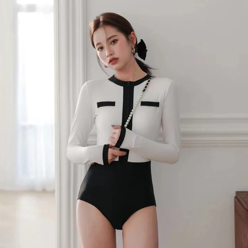 

2023 Swimsuit Long Sleeve High Neck Women One Piece Swimsuit Swimwear Solid Monokini Bathing Suit Bodysuit Female