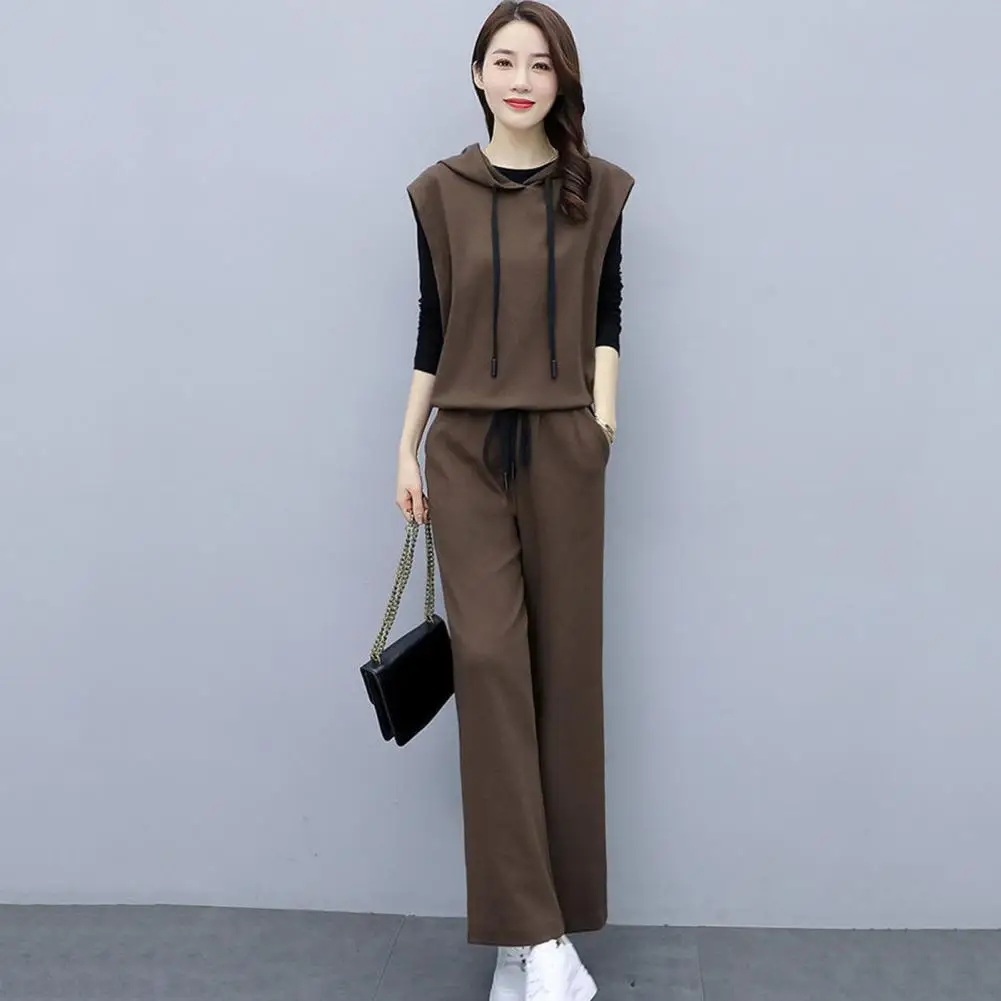 

Women Casual Suit Stylish Women's Three-piece Set Black Hooded Vest Coat Elastic Waist Wide Leg Pants for Office for Women