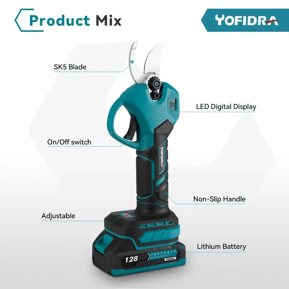 Yofidra Brushless Electric Pruner Pruning Shear 30mm Rechargeable Scissors Fruit Tree Garden Power Tools For Makita 18V Battery 6