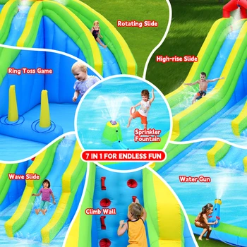 7 in1 Inflatable Water Park Three Slide with Blower Water Gun Sprinkler Fountain Climbing Wall for Children 2