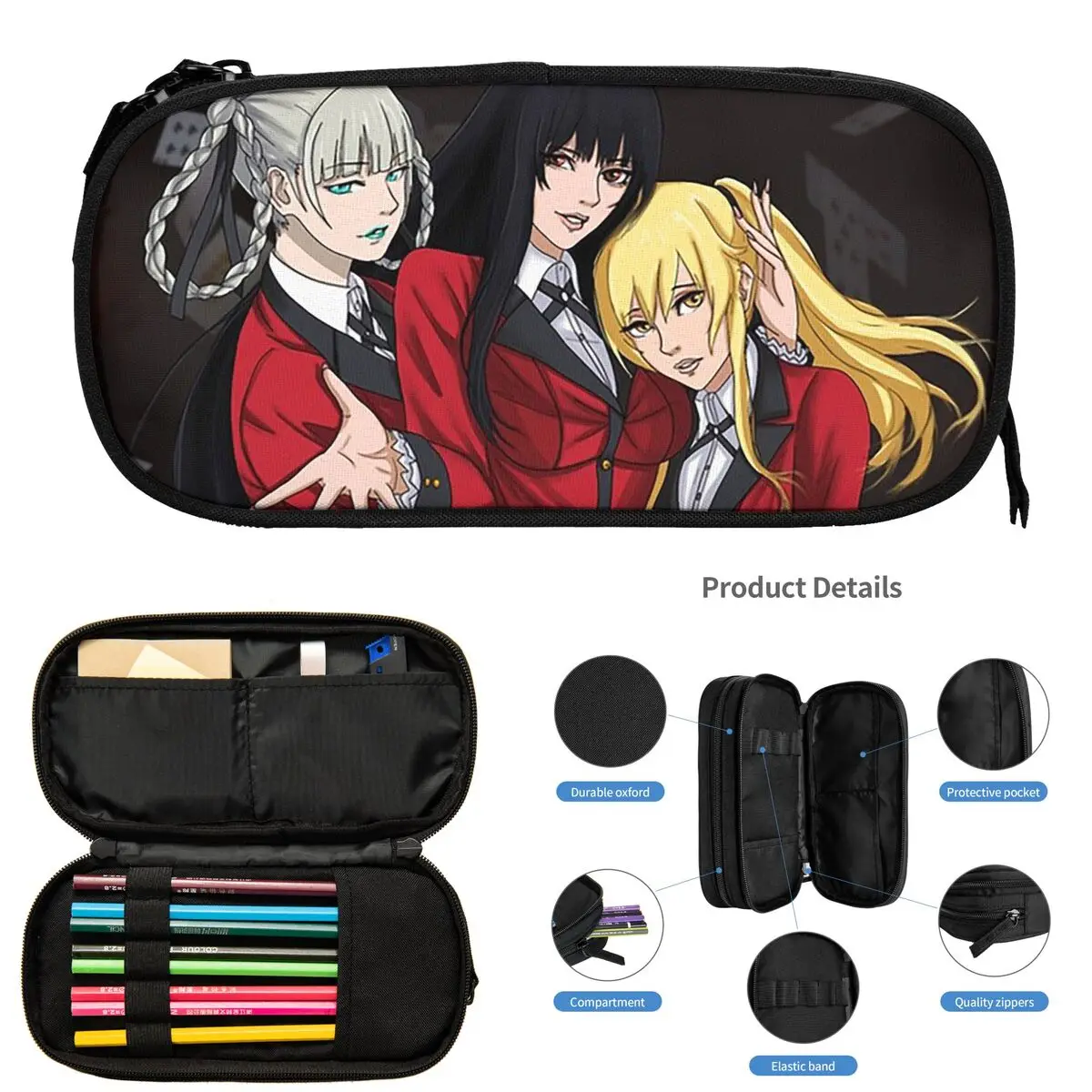 Ikishima Midari Kakegurui 일본 애니메이션 학생용 연필 케이스 학교 펜 박스 연필 가방 대용량 연필 파우치