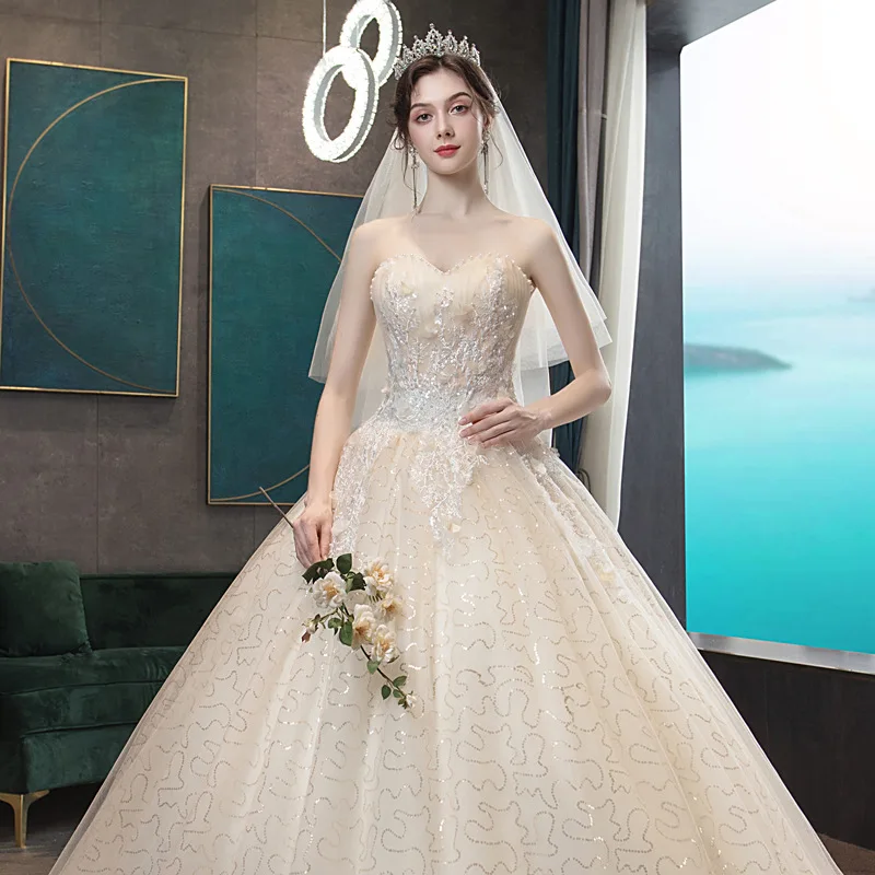 Customized Classic Strapless Bridal Dress Shiny Sequin Tulle Wedding Gowns For Bride Lace Applique Sukienki Na Wesele Damskie 5