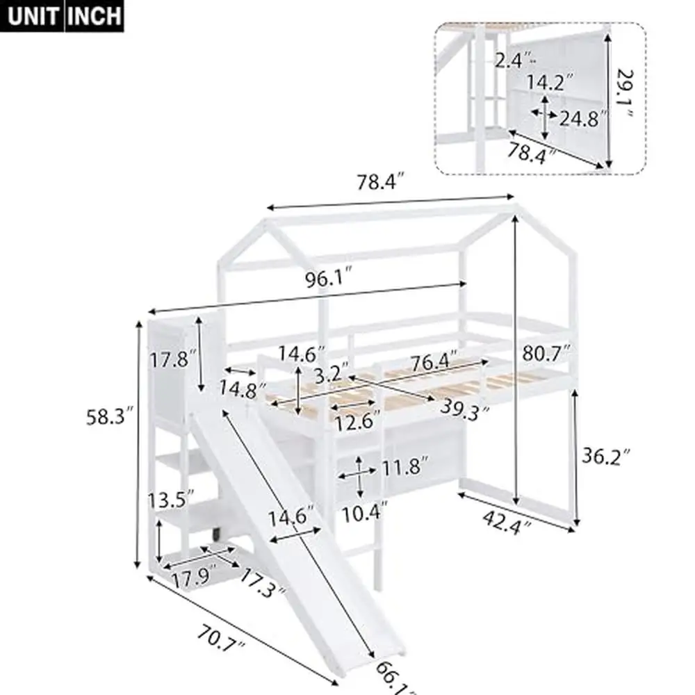Kids Twin House Loft Bed with Slide Storage Shelves and LED Light Wood Low Loft Bed Guardrail Ladder Playhouse Creative Design 2