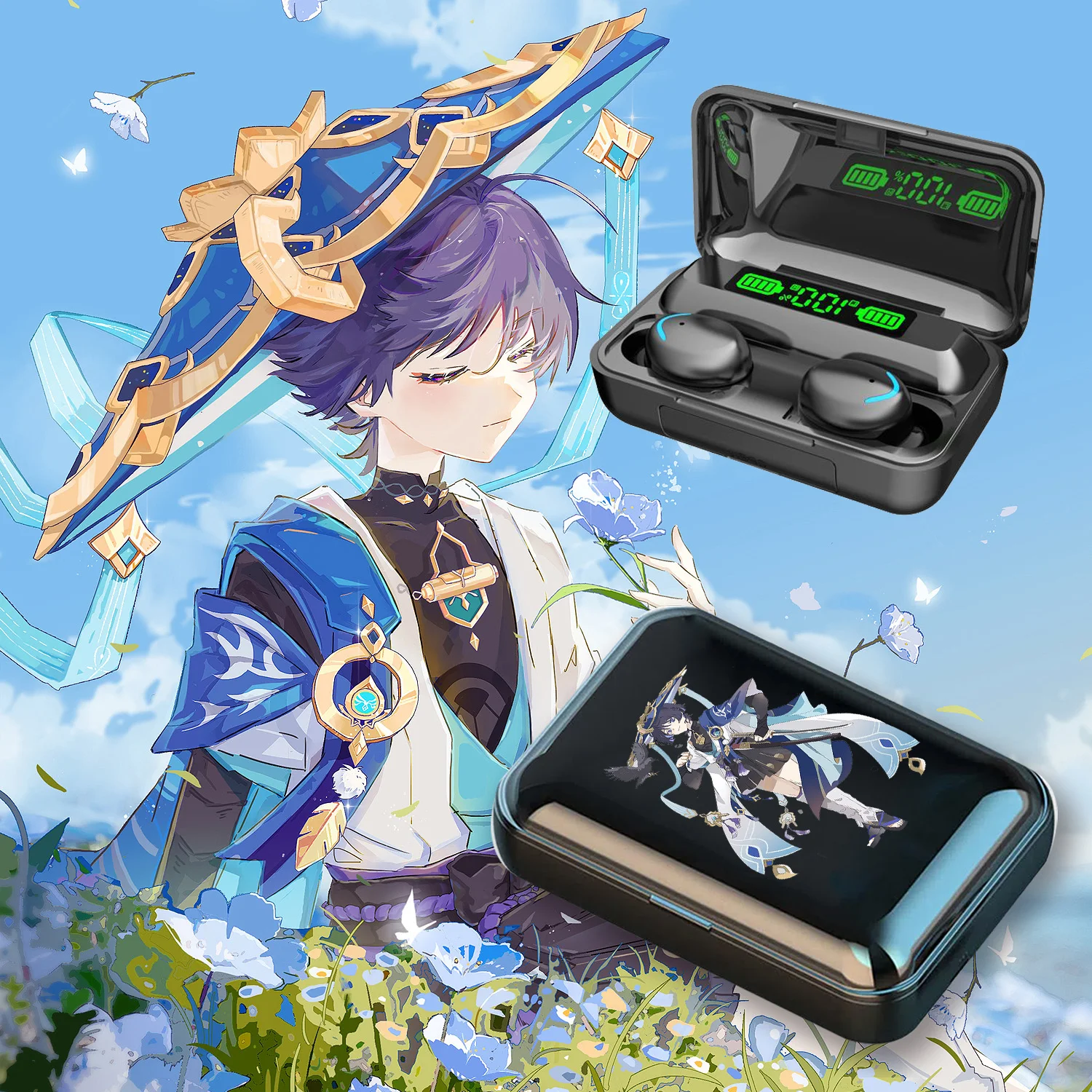 

Игровая гарнитура Genshin Impact Wanderer Balladeer, модная Беспроводная Bluetooth-гарнитура с цифровым дисплеем и зарядным устройством, подарок для косплея для студентов