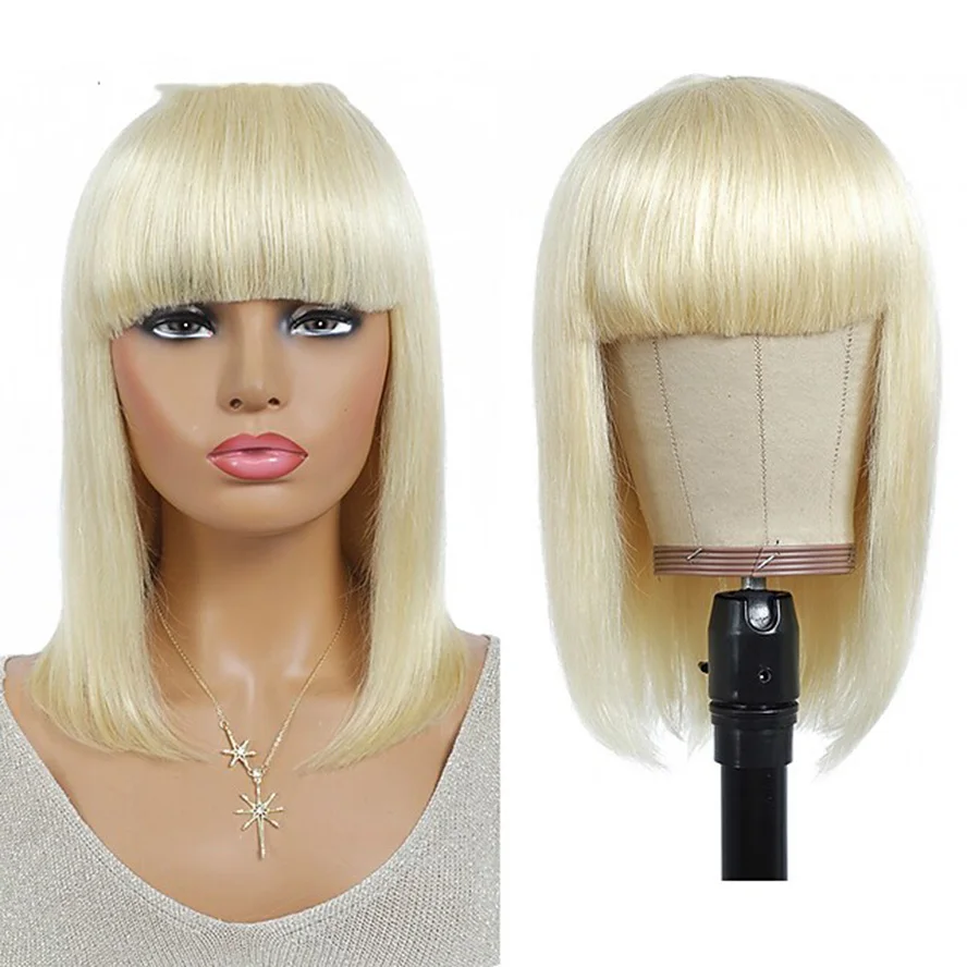 

Human Hair Wig Short Straight Blonde Bob Hairstyles Straight With Bangs Capless Women's Wigs 10 inch