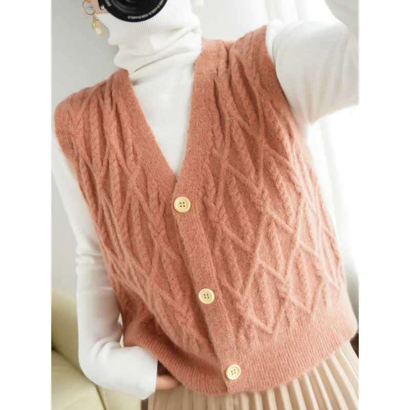 

Wool Cardigan 2024 Spring Women's Knitted Loose V-neck All-Matching Outerwear Sweater Vest