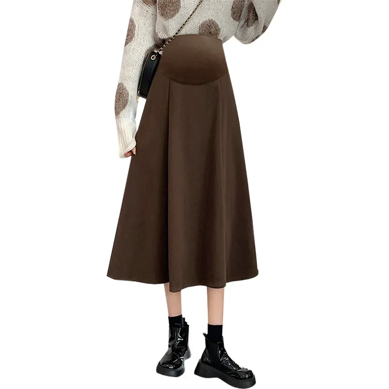 High Waist A- Line Mini Skirt for Pregnant Women Winter Outerwear Woolen Skirt Slimming Mid-Length