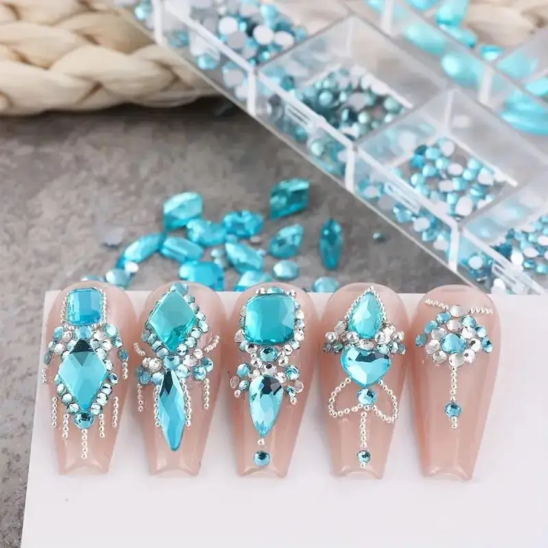 3D Nail Art Rhinestones 12-grid Super-Shiny Flatback Rhinestones Decorative Nail Art Adhesive Multiple Shapes DIY Nail Designs