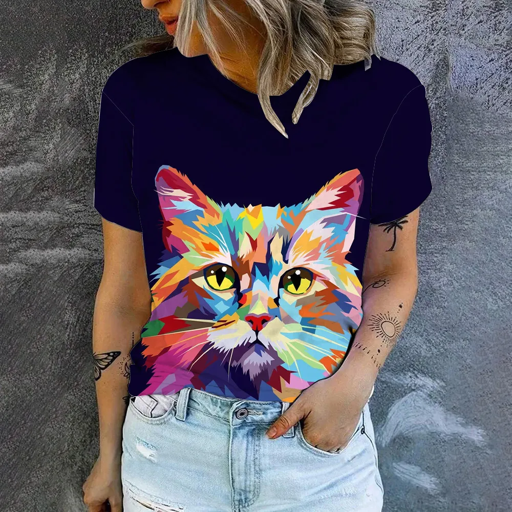 Casual Sports Comfortable O-Neck Short Sleeve Top Summer New Loose Breathable T-shirt Fashion Cat Print Women Short Sleeve