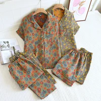 2026 New Spring/Summer Pajamas Three Piece Set Thin 100%Cotton Crepe Ladies Short Sleeves+Shorts+Pants Flip Collar Home Suit Set