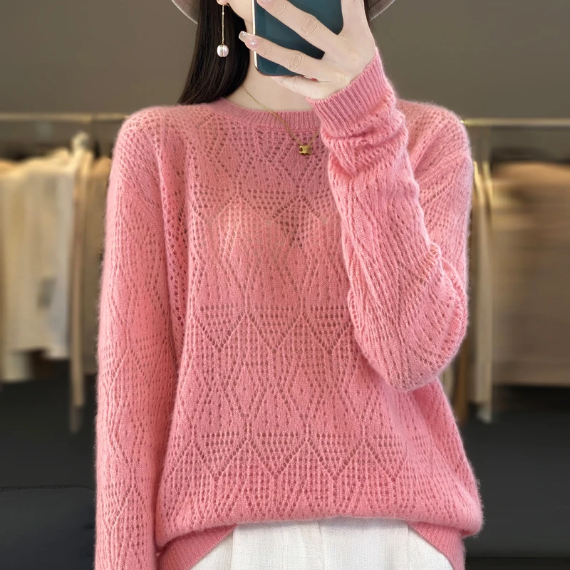 

Spring and autumn new round neck openwork seamless ready-to-wear sweater 100% pure wool commuter solid color fashion base.