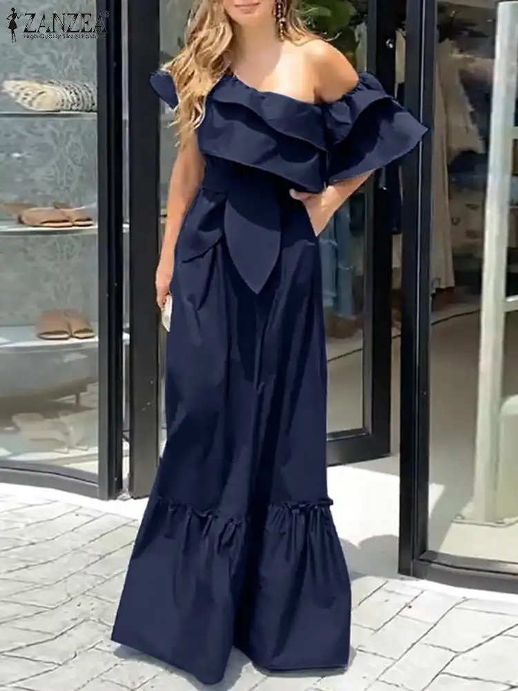 

ZANZEA Ruffles One Shoulder Belted Robes Casual Pleated Streetwear Party Long Dress Women Fashion Summer Sundress Maxi Dresses