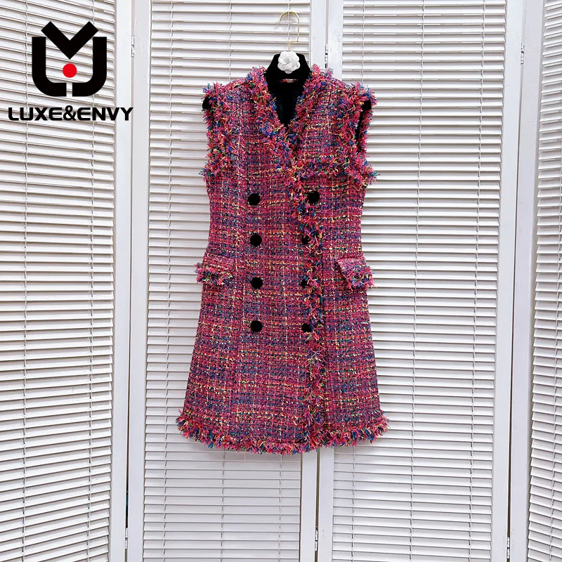 

LUXE&ENVY New Design Sense Colorful Weaving Small Fragrant Wind Fur Edge Double Row Buckle Sleeveless Dress 2023 Autumn
