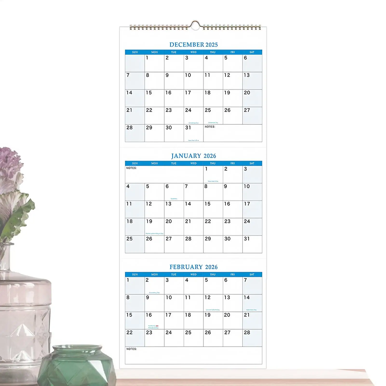 Large 2026 Wall Calendar with 3-Month View for Home and Office Organization