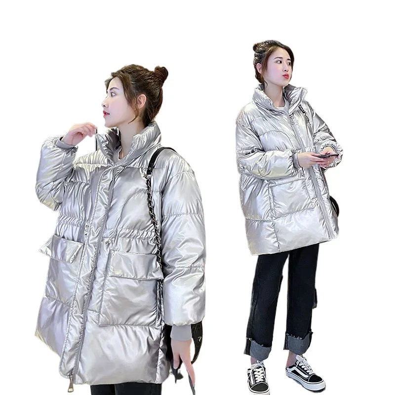 Maternity Autumn Winter Down Cotton Jacket Pregnant Women Bright Face Stand Collar Padded Outwear Waist Drawstring Parka Coat