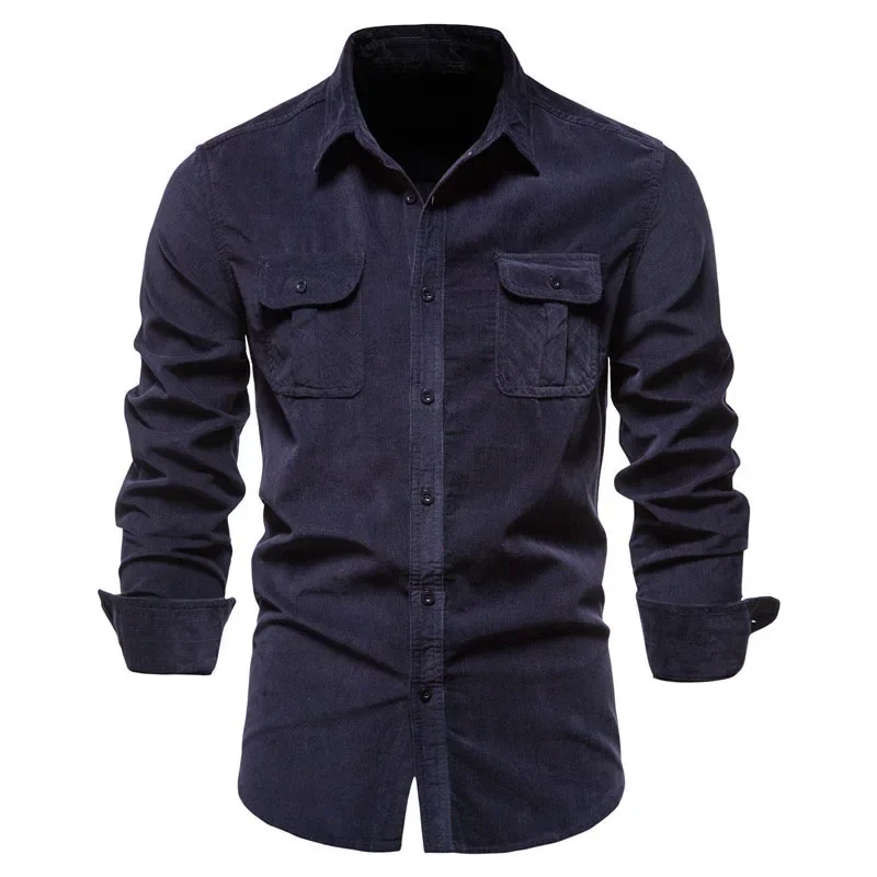 

New Autumn 100% Cotton Corduroy Shirts Men Solid Color Slim Fit Casual Blouses High Quality Long Sleeve Social Shirt for Men