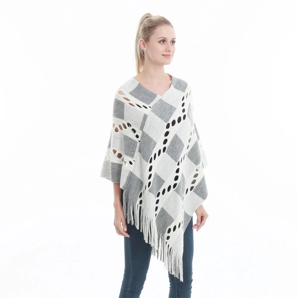

Весенне-осенний вязаный пуловер в клетку с большими кисточками, модная женская накидка, уличное пончо, женские накидки, бежевые плащи