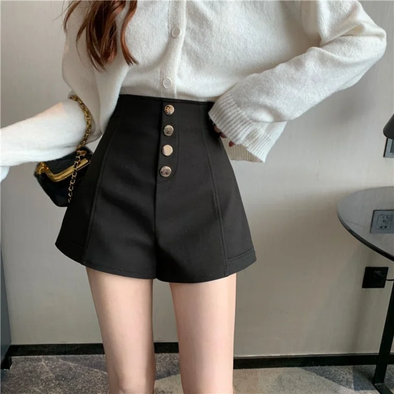 High Waist Button A-line Shorts Spring Autumn New Solid Color Loose All-match Wide Leg Pants Temperament Fashion Women Clothing