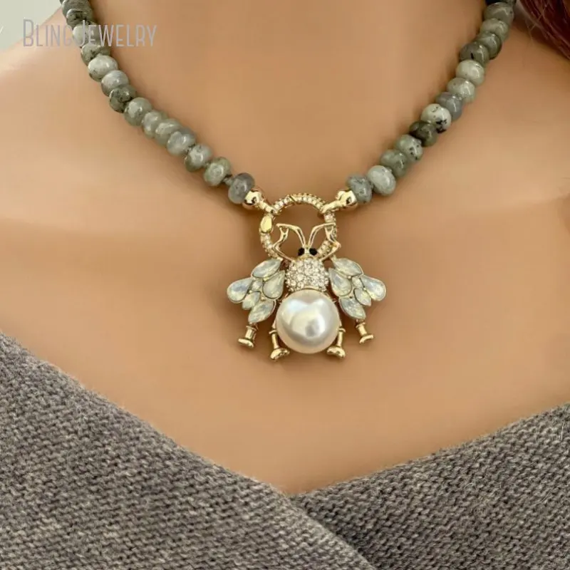 Hand Knotted Semi Precious Beads Labradorite Rondelle Necklace Micro Pave Clasp Cz Bee Pendant Choker Women Layered Jewelry
