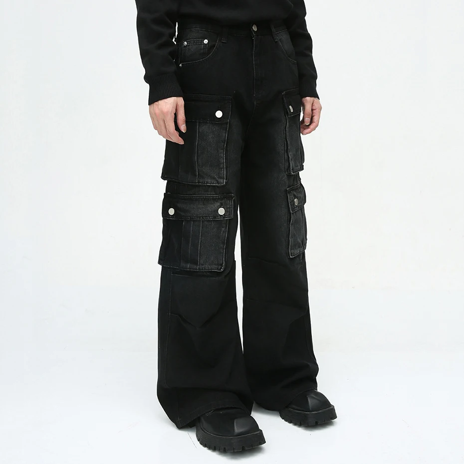 Men Vintage Baggy Jeans Multi Pocket Cargo Denim Pants Black Loose Wide Leg Jeans Trouser 5
