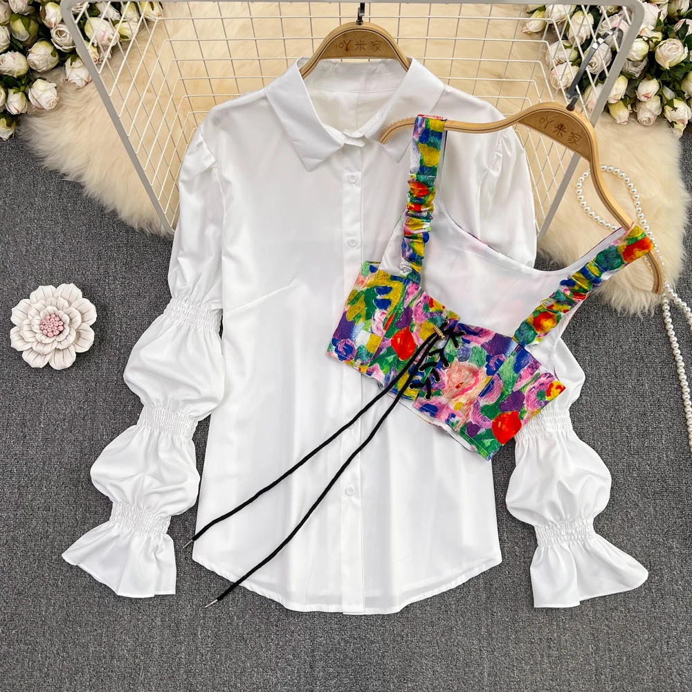 

Spring French Bubble Long Sleeve Loose Single breasted White Shirt Two Piece Strap Vest Top