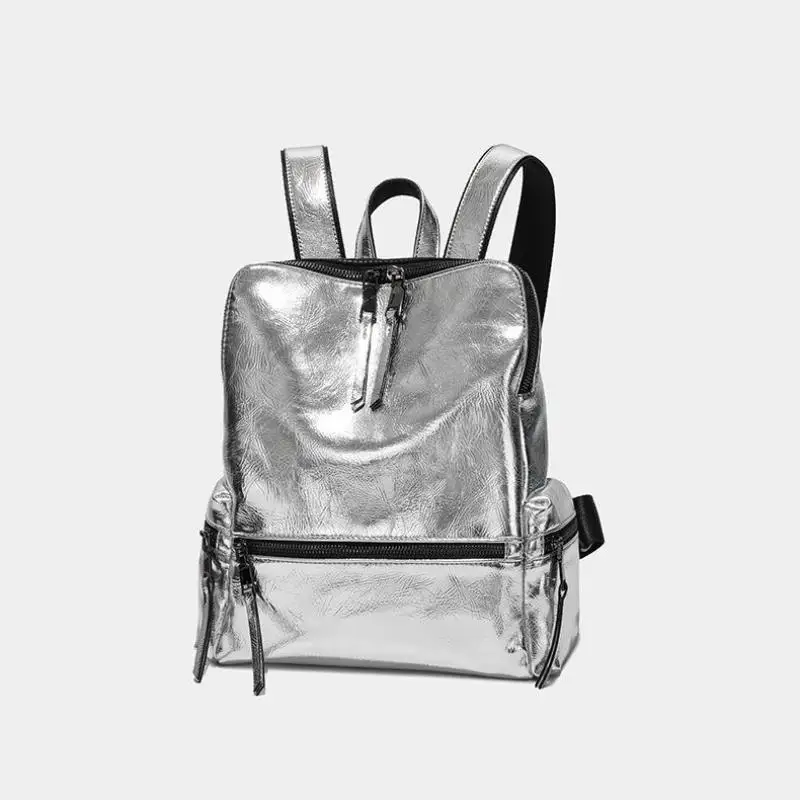 thumbnail image 1 of Mochila de piel de patente reflectante plateada con textura brillante, tendencia de moda con personalidad, mochila para mujer, simple y versátil, 1 of 4